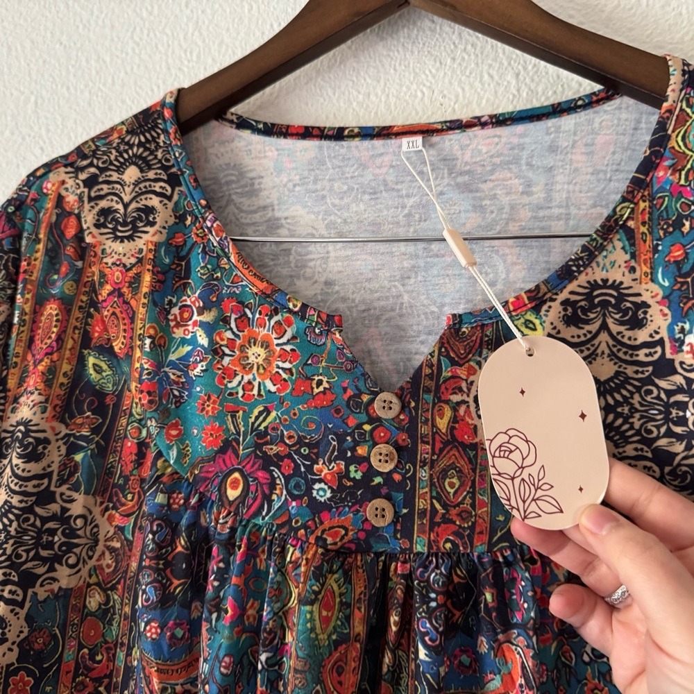 Bohemian Paisley Floral Print Henley Tunic Blouse Plus Size XXL NWT - Picture 4 of 14
